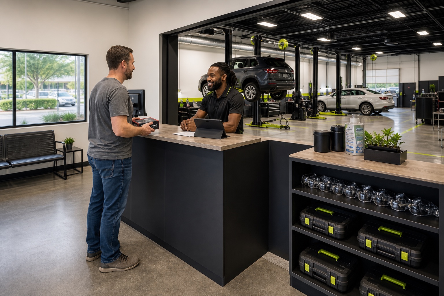 Concept view of a customer checking in at a service counter with lift bays visible behind
