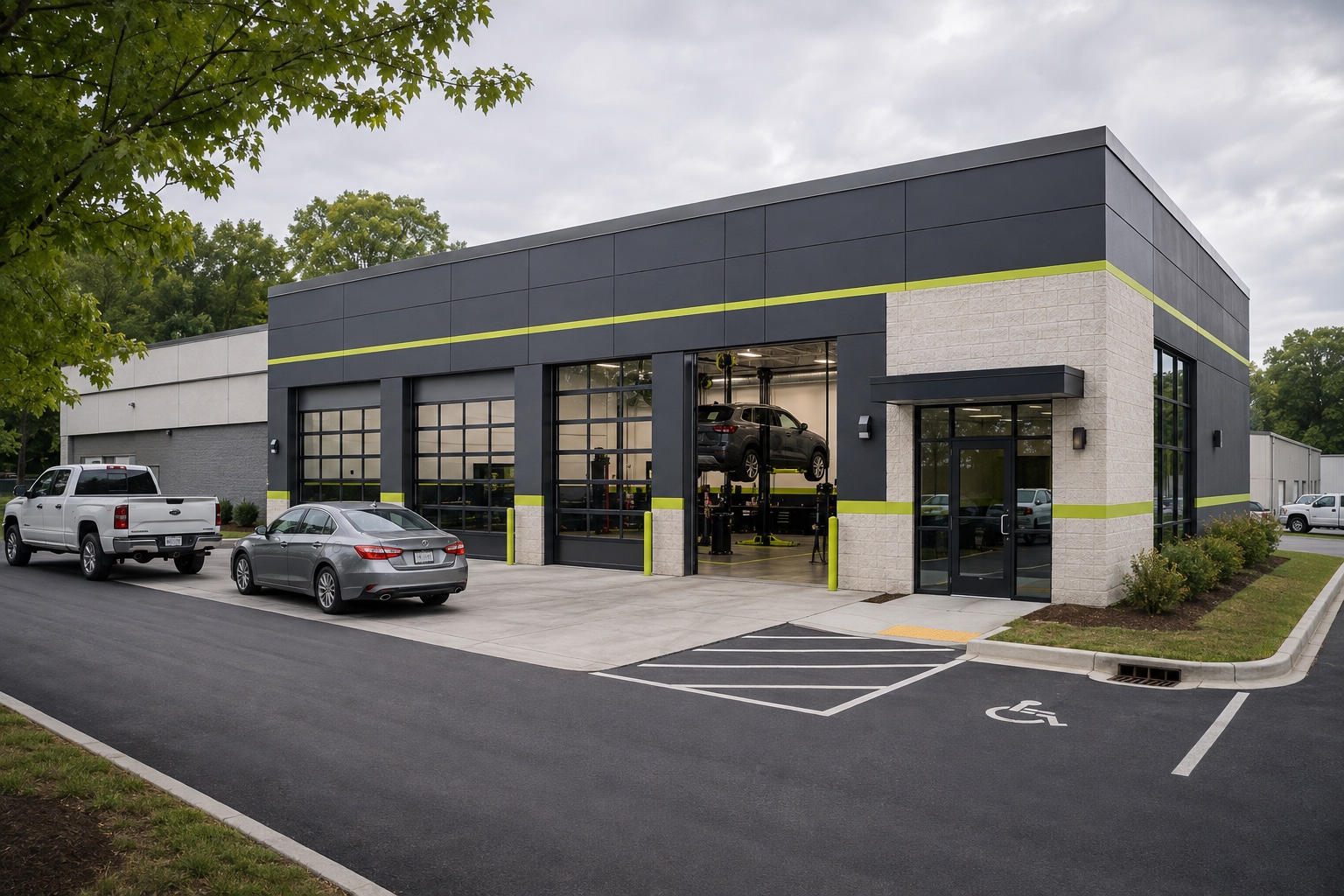 Concept exterior view of a modest industrial garage facility with several overhead bay doors