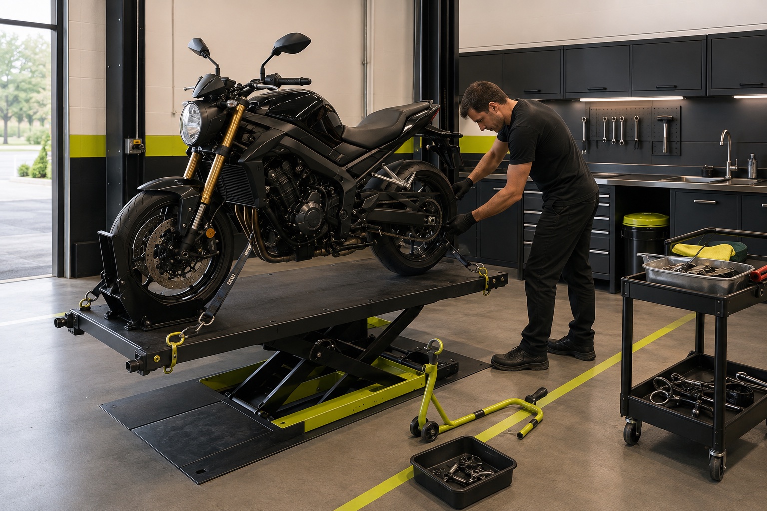 Concept view of a motorcycle secured on a dedicated hydraulic work table