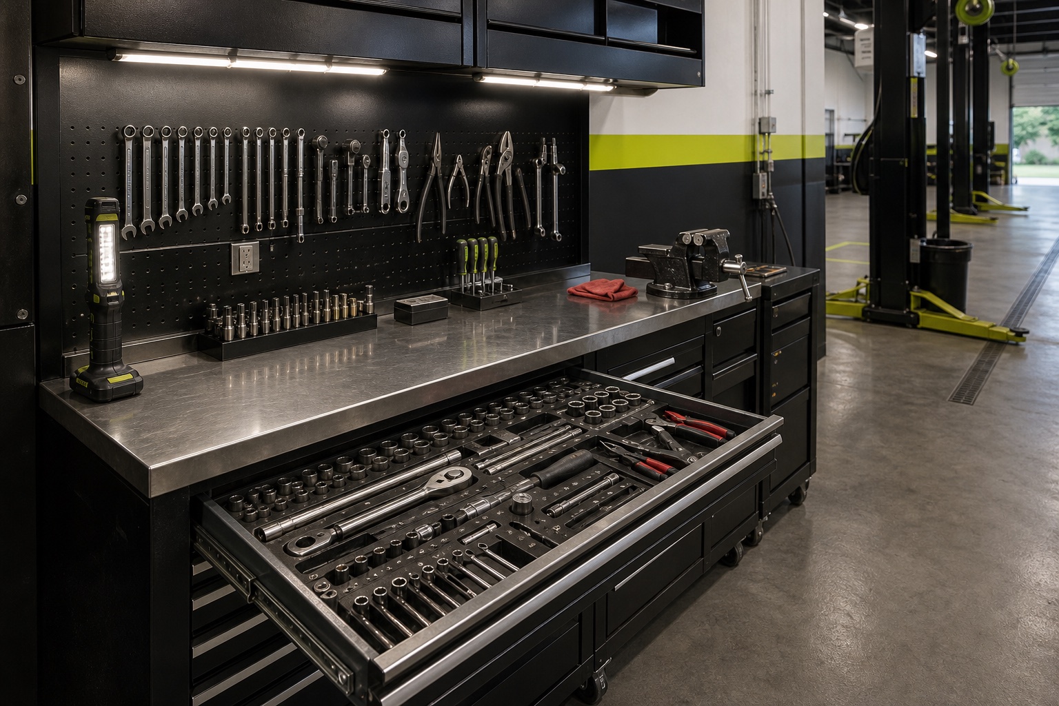 Concept view of an organized shop workbench and professional hand-tool cabinet